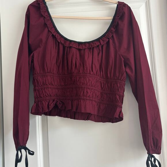 American Eagle Long-Sleeve Ruched Poplin Blouse Red Sz L Prarie Vamp Milkmaid - Picture 4 of 12